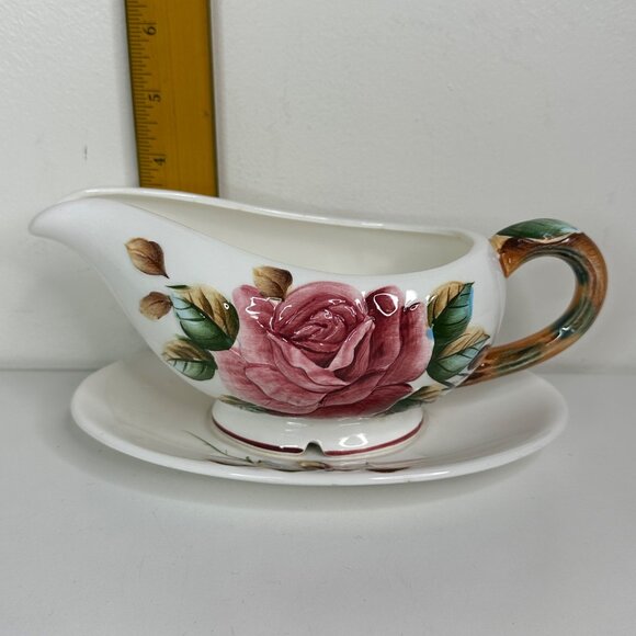 Lefton Americana Rose Pottery Ceramic Gravy Boat With Saucer Rose Floral Design - Picture 13 of 13